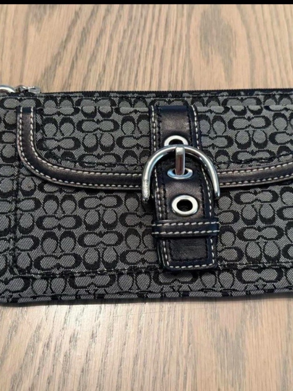 Coach Signature Canvas Wristlet Wallet Black Gray Zip